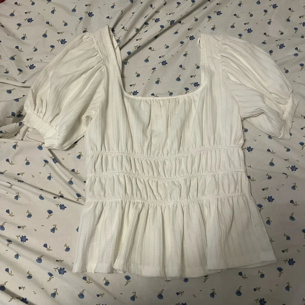 Anthropologie White Puff-Sleeve Smocked Waist Peplum Top